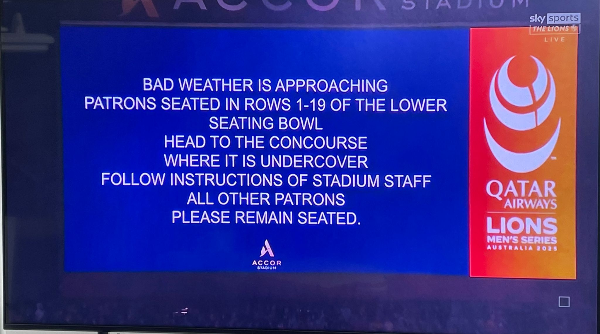 The screen at the Accor Stadium confirms bad weather suspends play in the third Test between Australia and the British & Irish Lions