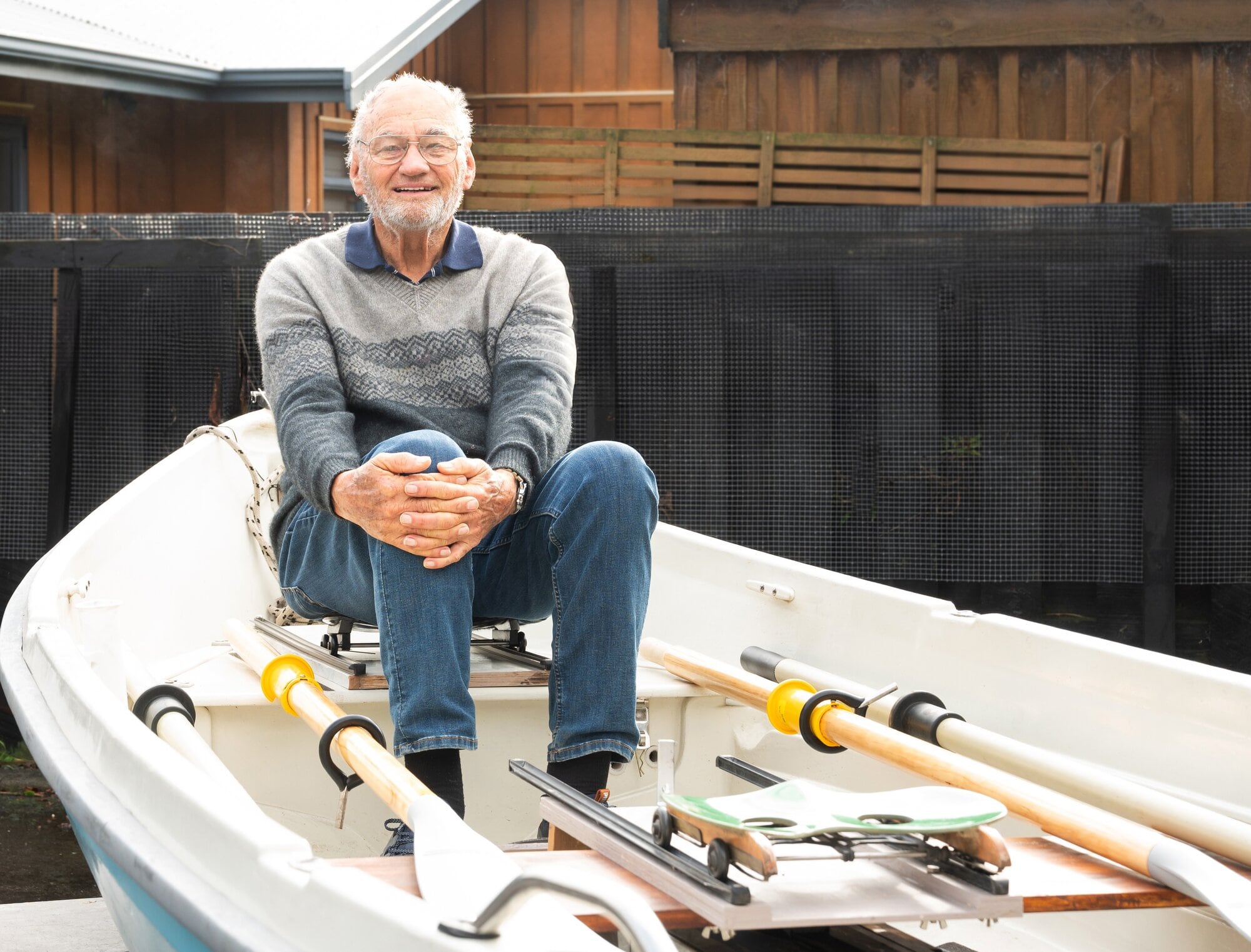  David Stubbs with his five-metre Finnish-made dinghy, ready to row the length of Tauranga harbour.  Photo: Brydie Thompson.