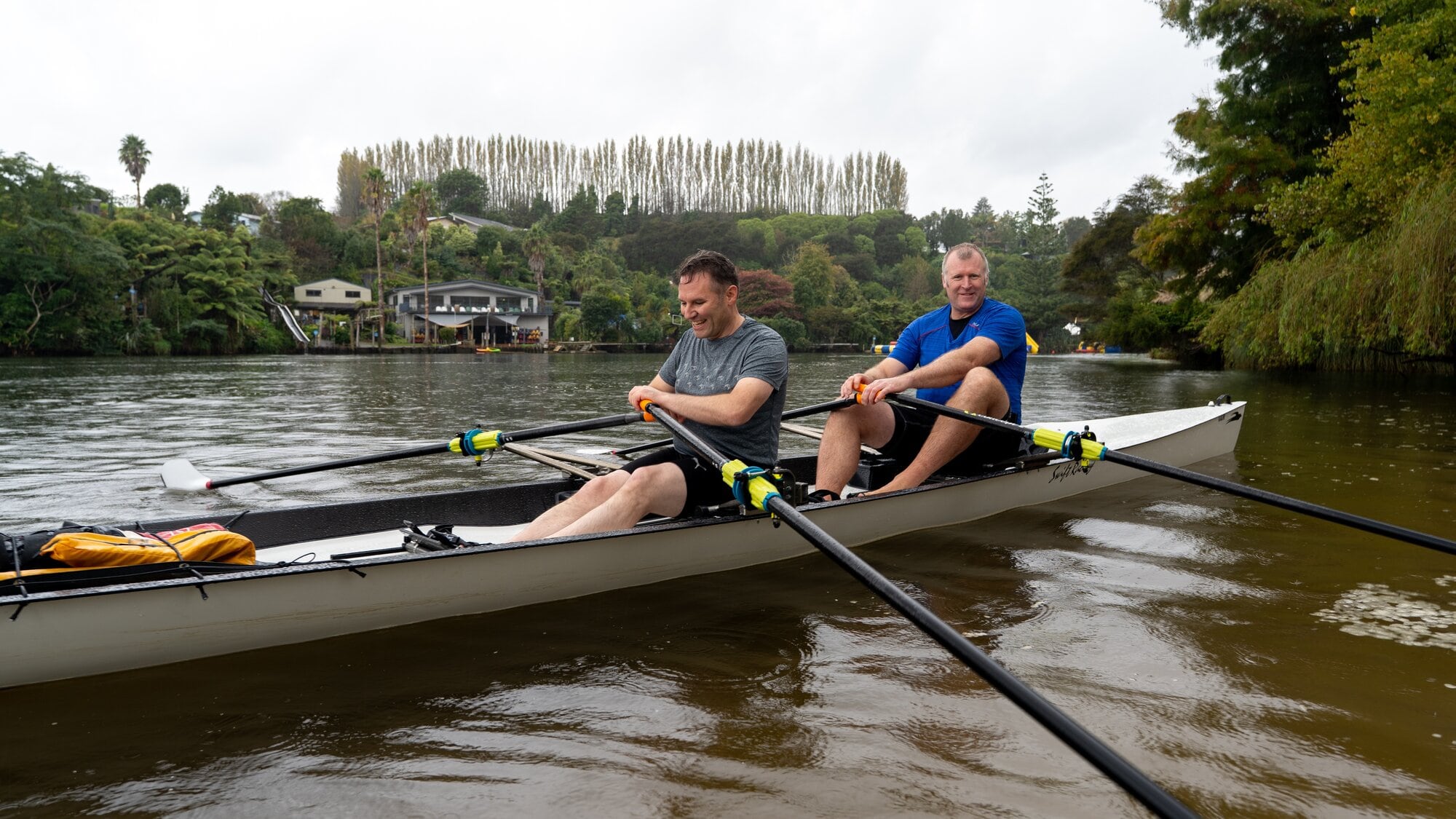Tauranga Mayor and Olympic rower Mahé Drysdale and Western Bay Mayor James Denyer went rowing on the Wairoa River in April. Photo / Tauranga City Council