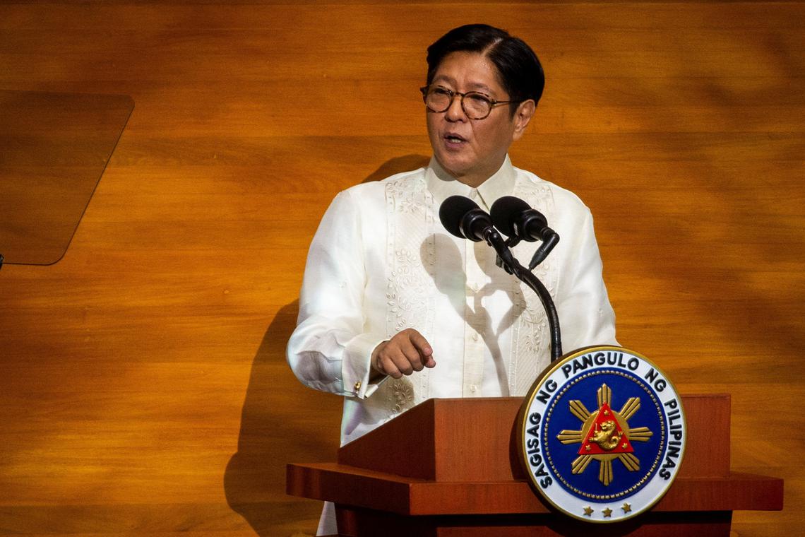 FILE PHOTO: Philippine President Ferdinand Marcos Jr delivers his fourth State of the Nation Address (SONA), at the House of Representatives, in Quezon City, Metro Manila, Philippines, July 28, 2025. REUTERS/Lisa Marie David/File Photo
