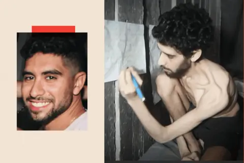 The Hostages Families Forum Headquarters Two images: Evyatar David smiling on the left and on the right, a still from a video released by Hamas showing him emaciated and weak while being held hostage
