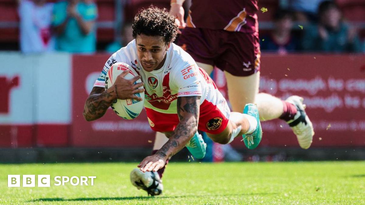 Tristan Sailor dives over to score for St Helens at the Totally Wicked Stadium