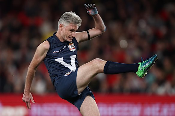 In hospital: Dave Hughes was seriously hurt in the Legends Match at Marvel Stadium on Thursday.