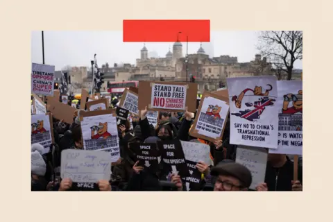 Jordan Pettitt/PA Wire Protesters outside the proposed site of the new Chinese Embassy redevelopment in Royal Mint Court central London

