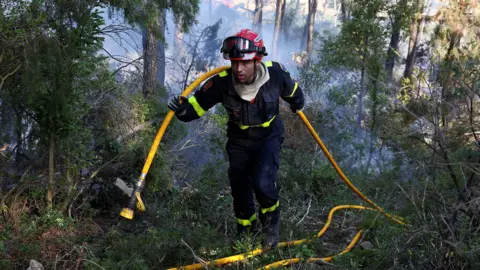 Reuters A firefighter holds a yellow hose over his shoulder as he walks through a burning forest area clouded with smoke.