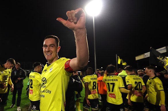 Ben Collins of Heidelberg United FC celebrates.
