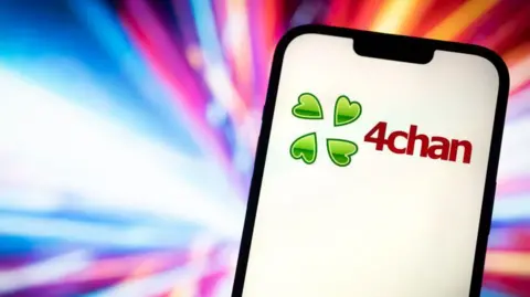 Getty Images An image of the 4chan logo on a mobile phone shown on a multicoloured abstract background