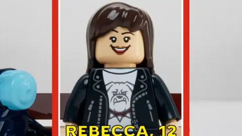 TIME A Lego mini-figure, made to look like it is on the cover of Time Magazine. Rebecca, 12 is written underneath the figure, which has dark hair, a leather jacket and a T-shirt with a dog on it