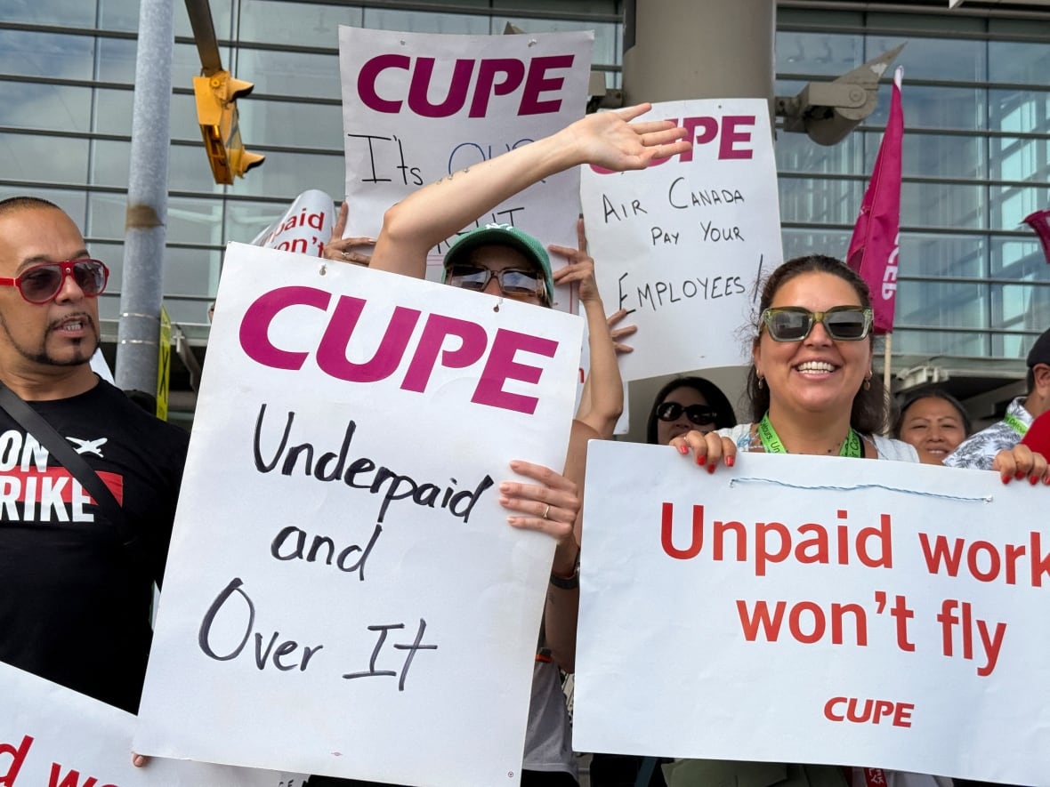 Workers hold signs saying "unpaid work won't fly."