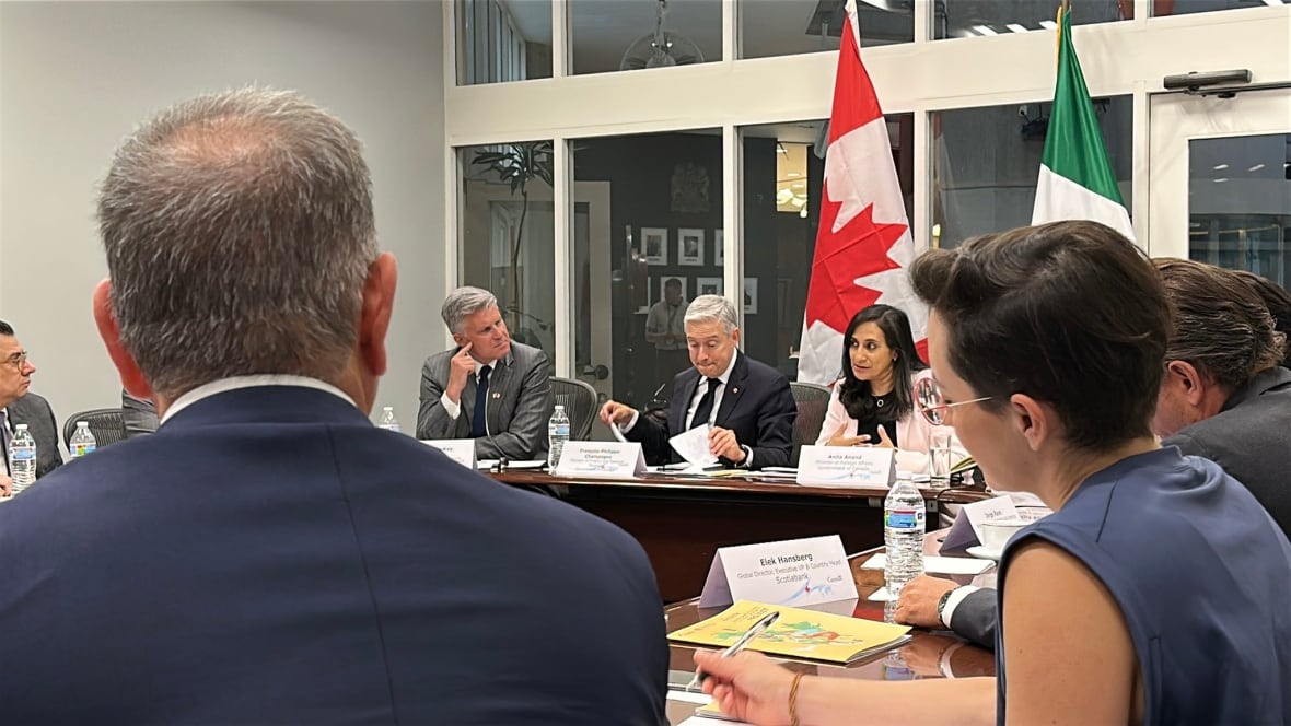 People are seated at a table in front of a Mexican and Canadian flag.