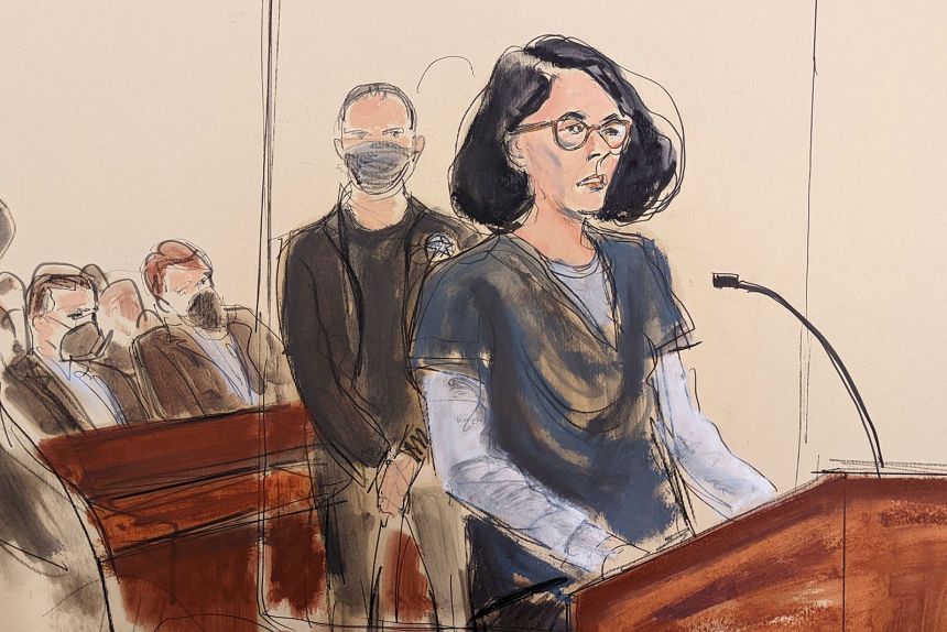 In this courtroom sketch, Ghislaine Maxwell givers her statement in federal court, in New York in June 2022.