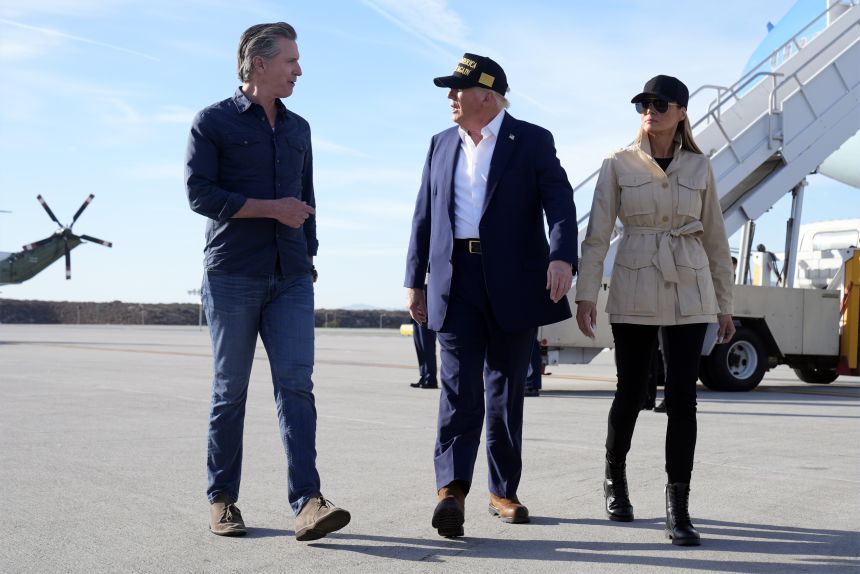President Donald Trump and first lady Melania Trump are greeted by Newsom after arriving at Los Angeles International Airport on January 24.