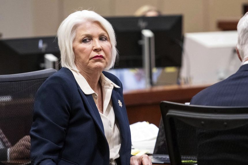 Former Mesa County Clerk and Recorder Tina Peters looks on during her sentencing for her election interference case at the Mesa County District Court on October 3, 2024, in Grand Junction, Colorado.