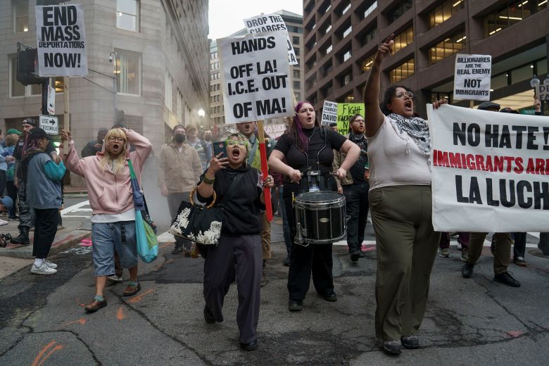 Hundreds of people gather in Boston on June 10 to defend immigrants and protest the actions of ICE.
