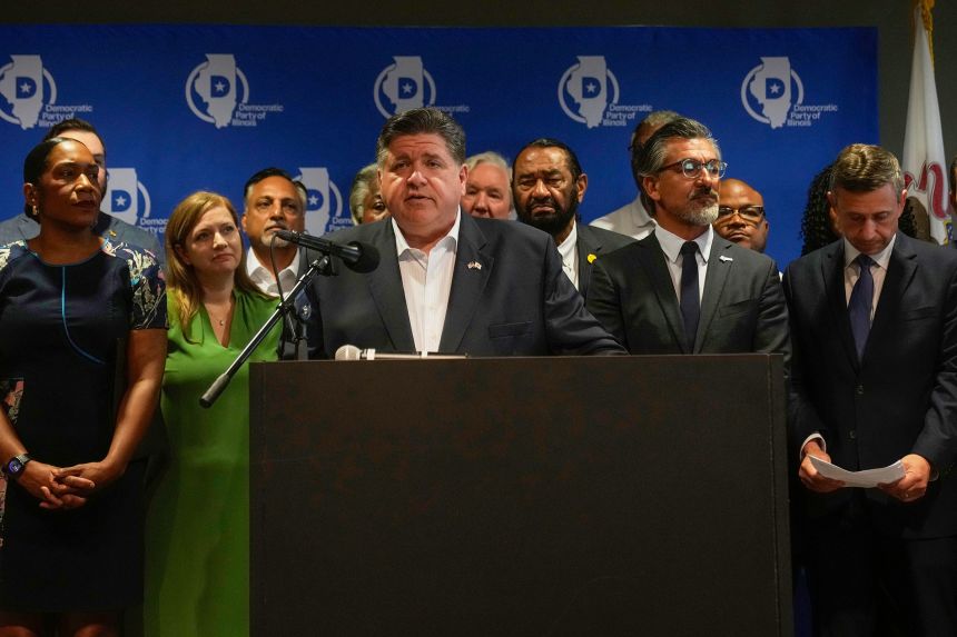Illinois Gov. JB Pritzker speaks during a news conference in Chicago with Texas Democrats on August 5, 2025.
