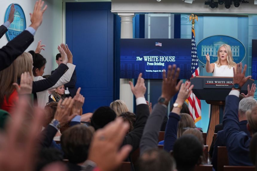 White House Press Secretary Karoline Leavitt speaks with reporters during a briefing at the White House, on Tuesday, August 19, in Washington, DC.