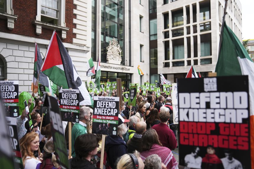 Supporters of Kneecap's Liam Og O hAnnaidh outside court on Wednesday.