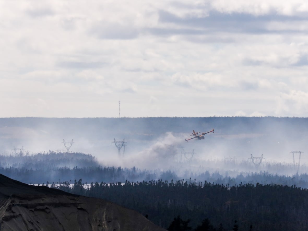 A plane flying over land, with lots of thick smoke.