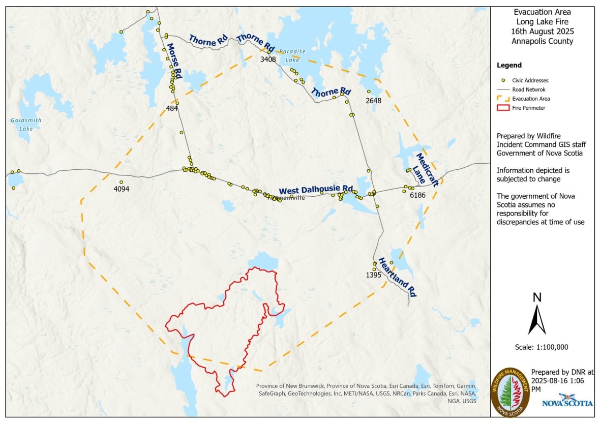 A map showing the evacuation zone in Annapolis County due to wildfire on Aug. 16, 2025.