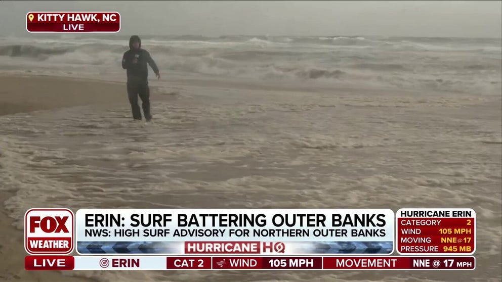 FOX Weather Storm Specialist Mike Seidel reports live from Kitty Hawk, North Carolina, where the outer rain bands of Hurricane Erin are battering the Outer Banks with tropical-storm-force winds and monster waves that could reach upwards of 17 feet.