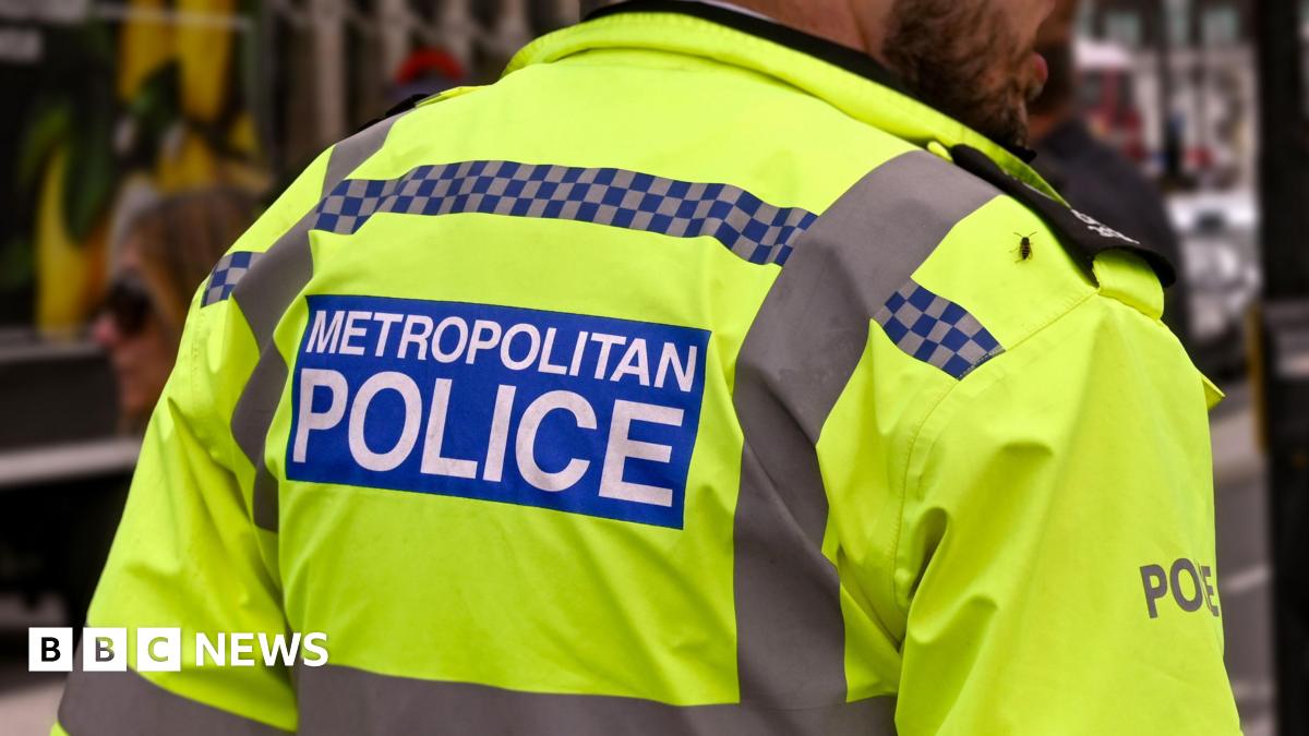 A police officer wearing a high-visibility jacket with the words "Metropolitan Police" on the back, standing outdoors.