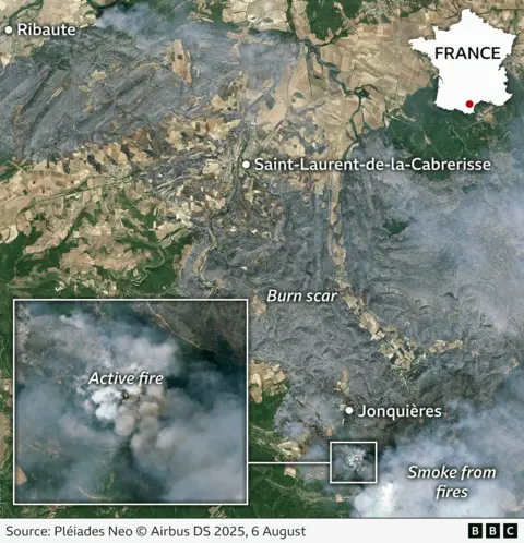 Satellite view of wildfire aftermath in southern France, showing burn scars and smoke near Ribaute, Saint-Laurent-de-la-Cabrerisse, and Jonquières. Inset image is zoomed-in area of smoke near Jonquières and a small map of France with a red dot marking the fire's location. Source: Pléiades Neo © Airbus DS 2025, 6 August.