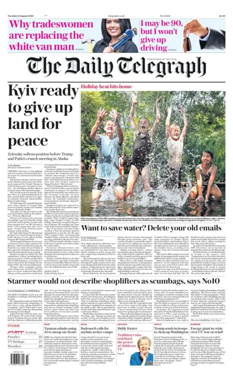 "Kyiv ready to give up land for peace" reads the headline on the front page of the Daily Telegraph.
