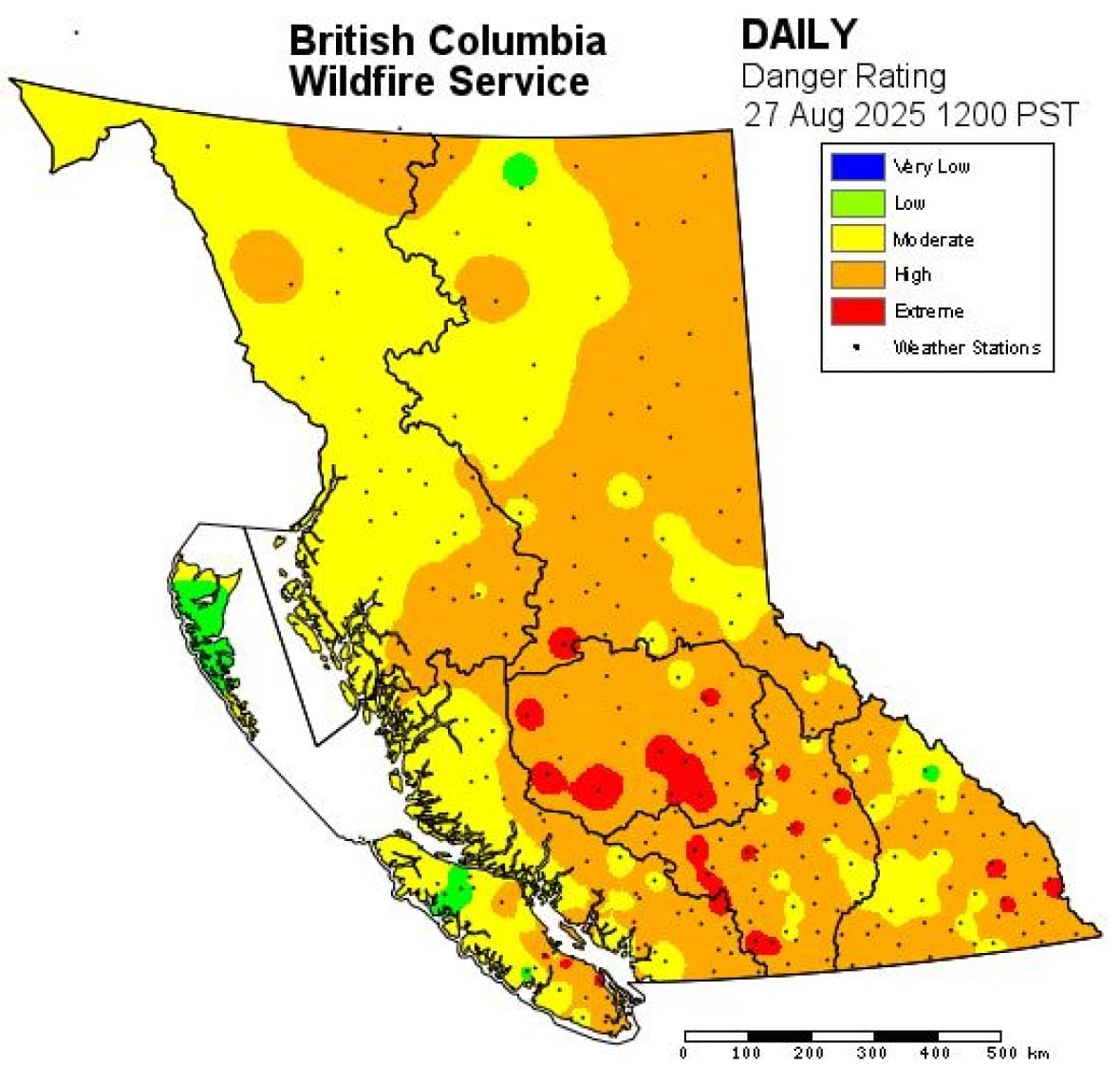 A map showing high or extreme fire danger in much of British Columbia.