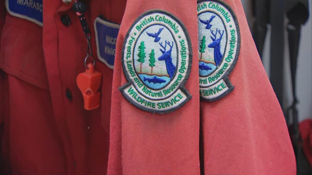 A firefighter's uniform with the patch depicting an eagle, deer and fish, with the word 'British Columbia Forests, Lands and Natural Resource Operations Wildfire Service.'
