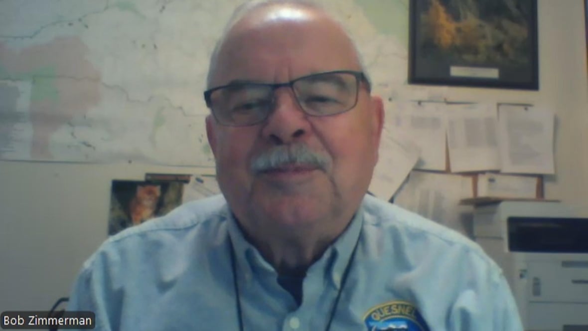 A man speaks to a camera on Zoom