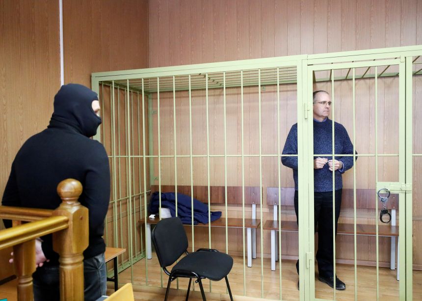 Paul Whelan stands in the courtroom cage after a ruling regarding extension of his detention in Moscow, Russia, in February 2019.