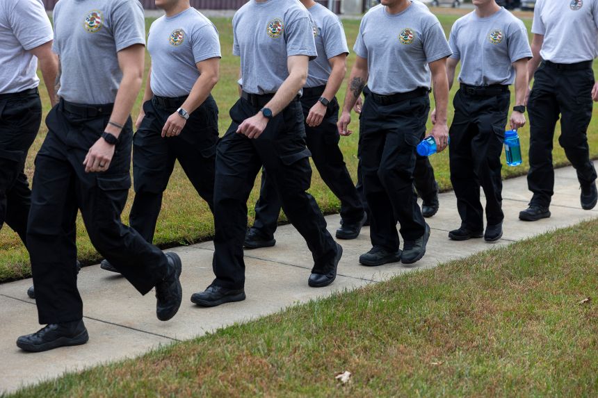 In this November 2023 photo, federal air marshals in training re-enter the TSA training center in Atlantic City, New Jersey.
