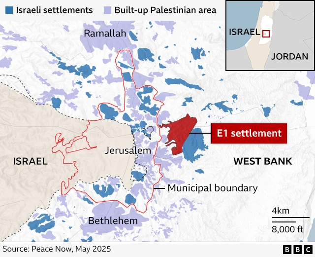 Map wey show location of E1 settlement for di West Bank