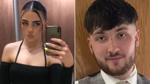 Mia Keevan/Handout A selfie of Mia Keevan, she is holding her phone in her hand and is wearing a dark off-the-shoulder dress with a black strap around the neck and long sleeves. She has painted nails and black hair. In a separate image on the right hand side there is a close up photo of Trae Keenan, he has dark hair and a short dark beard and is looking at the camera. He is wearing a a grey checked waistcoat over a white shirt.