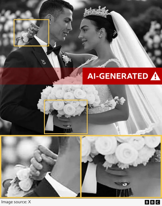 A close up of the hands in the fake wedding picture