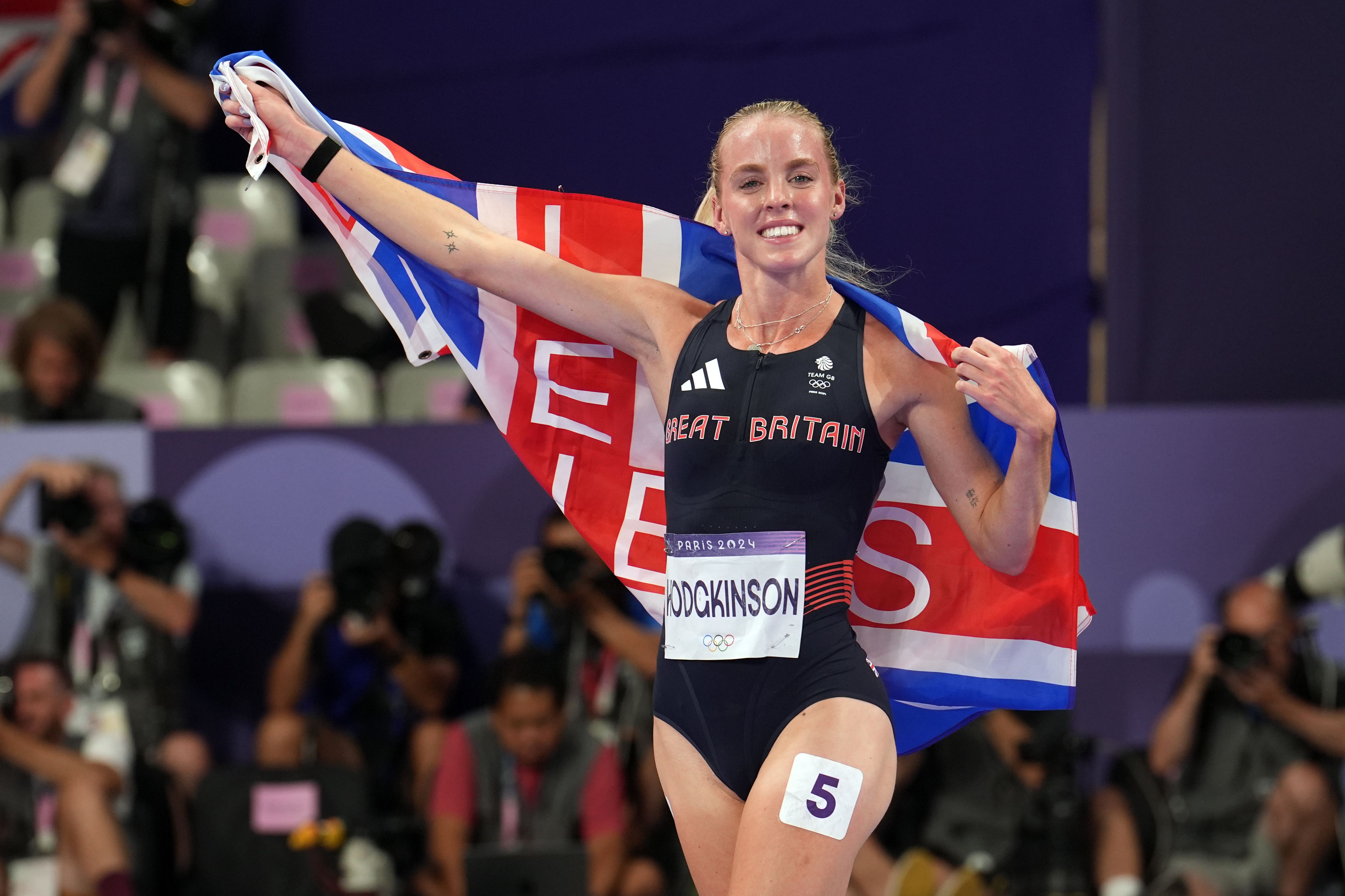 Keely Hodgkinson, pictured celebrating Olympic glory, has been recovering from a hamstring issue (Martin Rickett/PA)