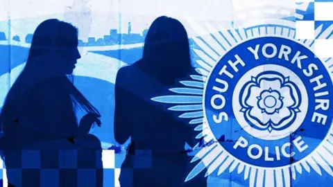 An artwork depicting two women in shadow, alongside the South Yorkshire Police logo.