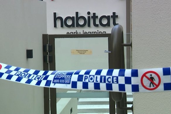 Police tape at Habitat Early Learning on Tuesday.