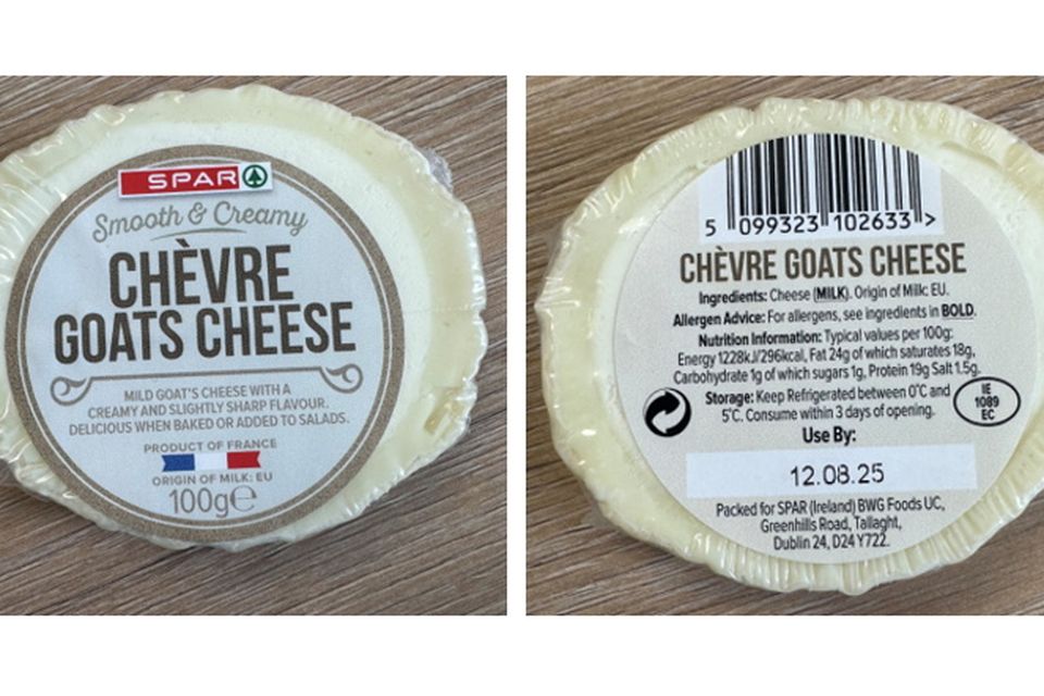 The FSAI has issued a recall notice for a batch of Spar Chevre Goats Cheese due to the possible presence of Listeria monocytogenes.