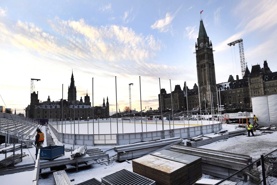 A hockey rink being set up outdoors with a stone building with a central tower in the background. A Canadian flag flies on the tower.