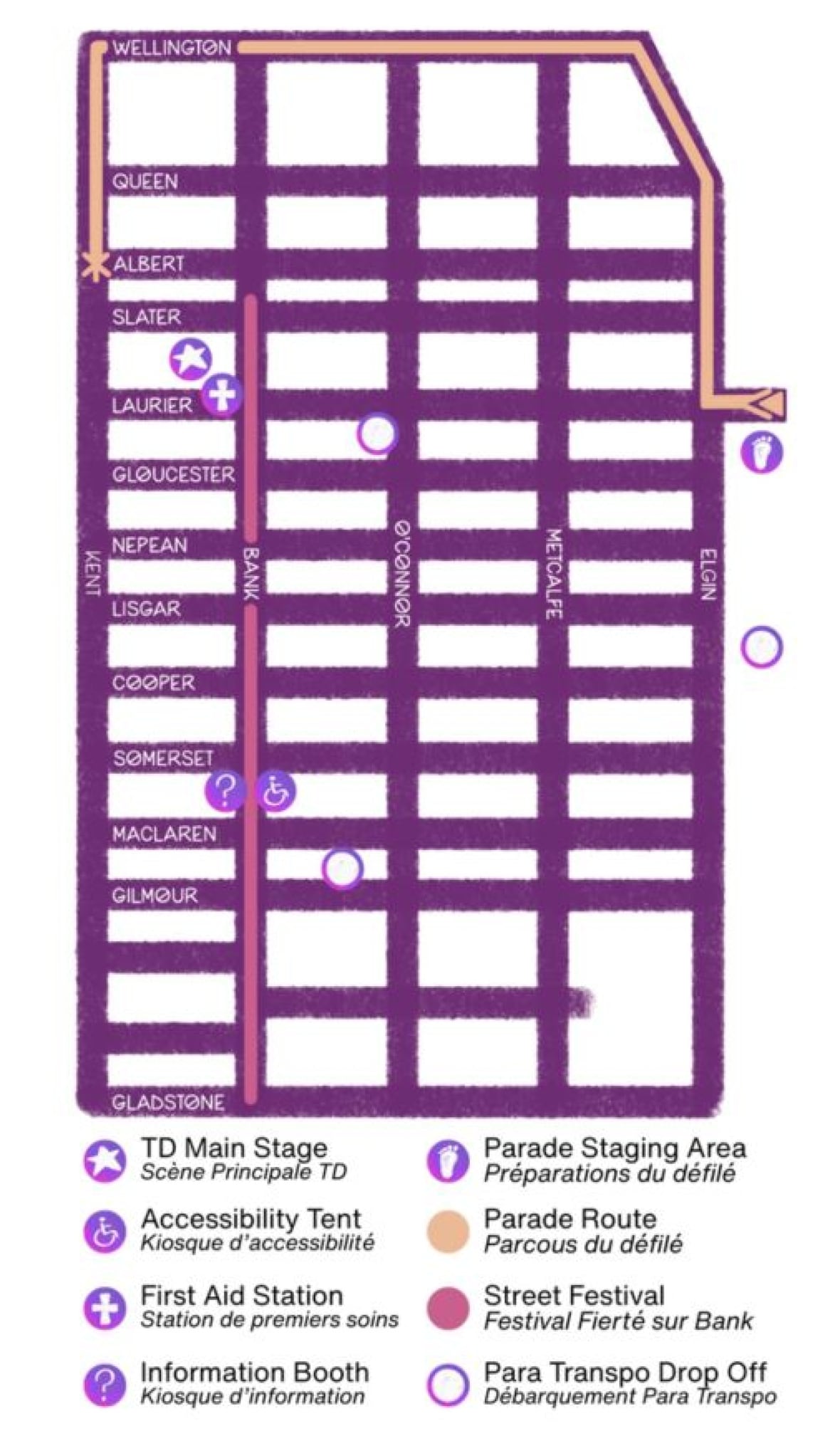 A map showing the Ottawa streets affected by the Capital Pride Street Festival and Parade