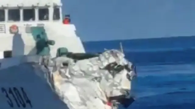 A later video shows what looks like damage to the front of the Chinese ship