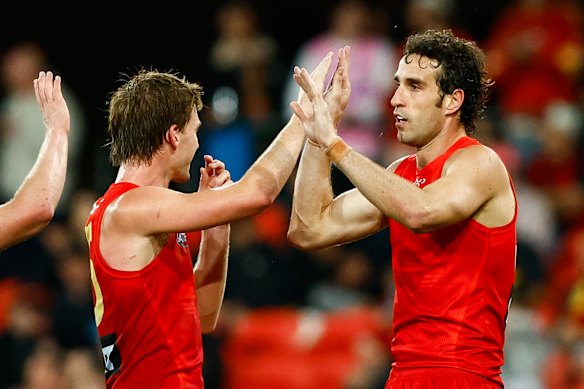 Ben King of the Suns celebrates a goal.