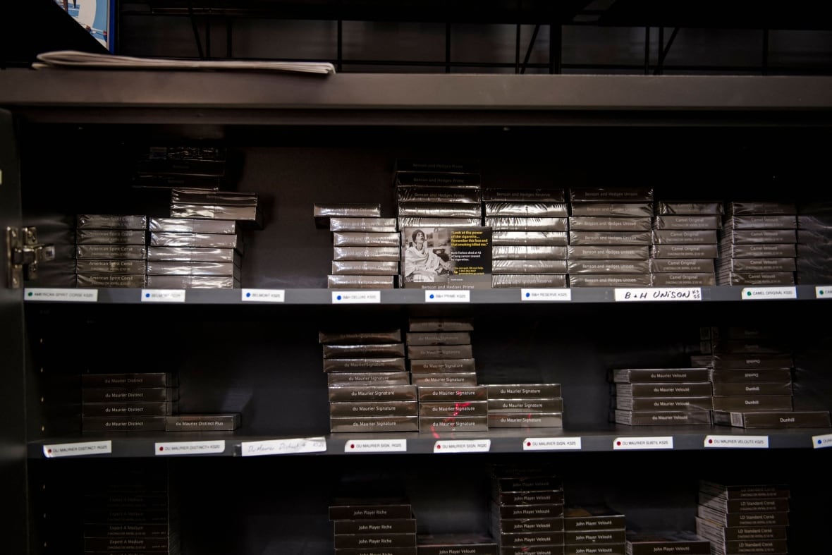 Cigarette packs are seen on the shelf of a Montreal convenience store.