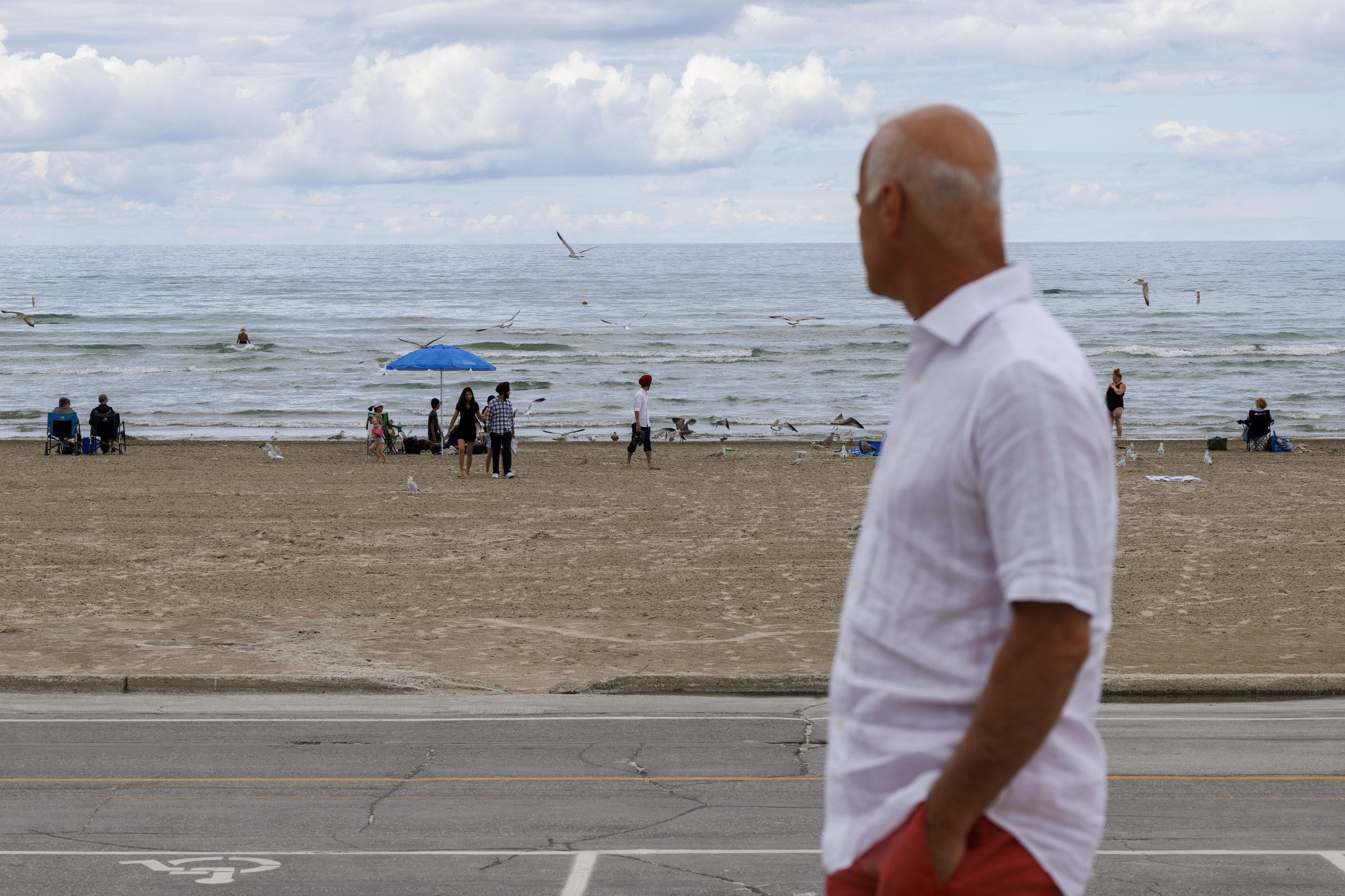 A man turns his head away from the camera to observe Wasaga Beach, where bathers and seagulls populate the scene.