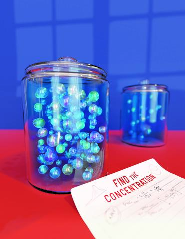 Illustration shows two clear jars full of marbles on a red table with a piece of paper that says “Find the Concentration.”