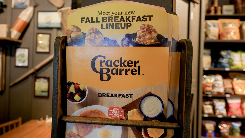 The new Cracker Barrel logo is seen on a menu inside the restaurant on August 21, 2025 in Homestead, Florida.