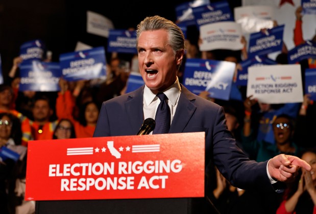 California Gov. Gavin Newsom speaks about California redistricting plans at a news conference on Aug. 14, 2025, in Los Angeles. (Mario Tama/Getty)