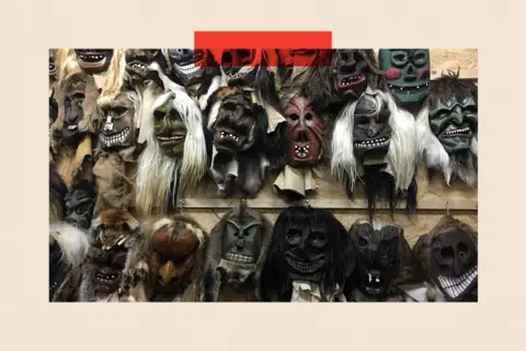Imogen Foulkes Traditional wooden masks called Tschaeggaetta, which are unique to the valley.