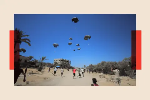 Getty Images Adults and children run towards aid parcels dropped by parachute